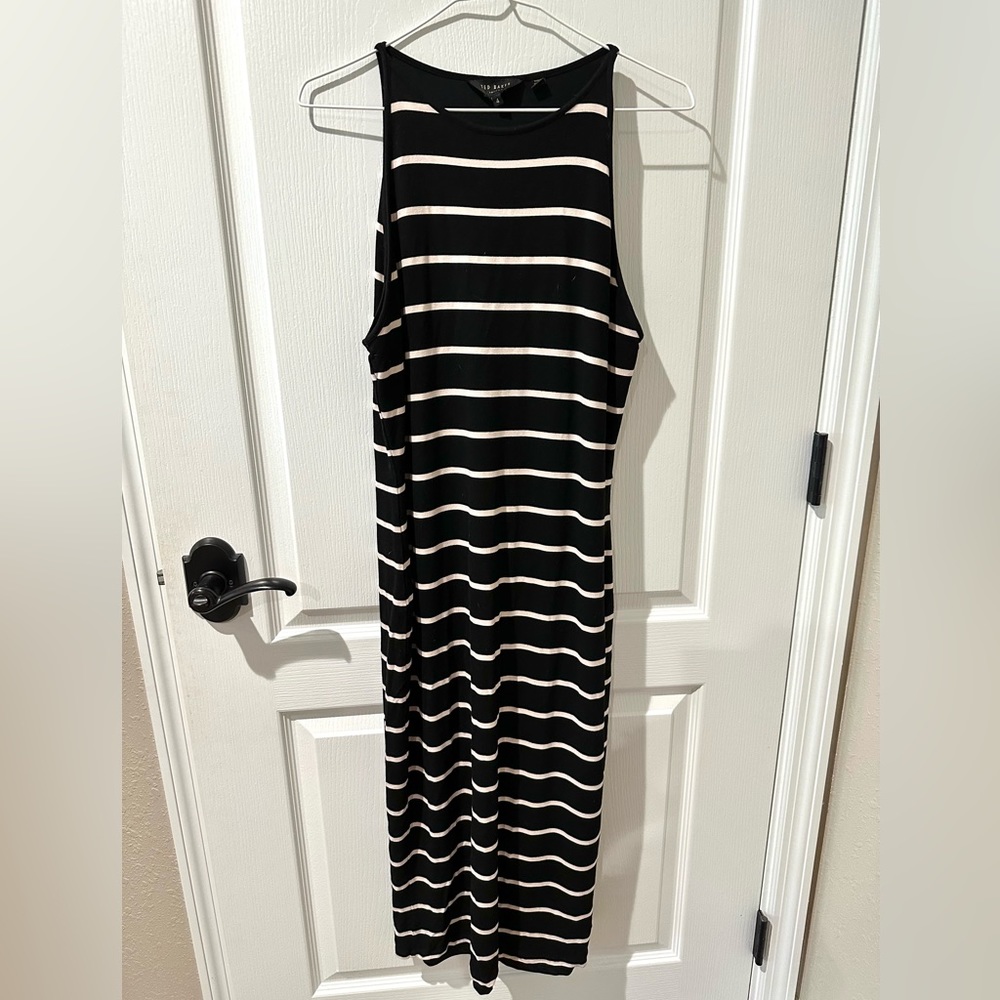 TED BAKER Linn Black and Blush Pink Striped Jersey Bodycon Midi Tank Dress Sz 10